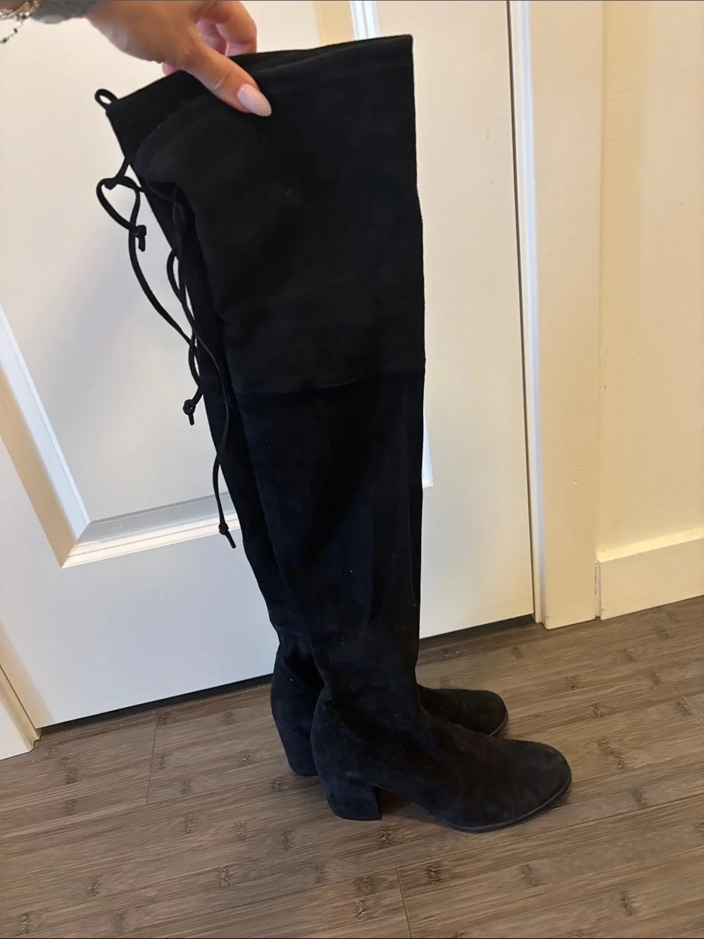Stuart Weitzman Black Suede Block Heel over the knee boots tieland midland